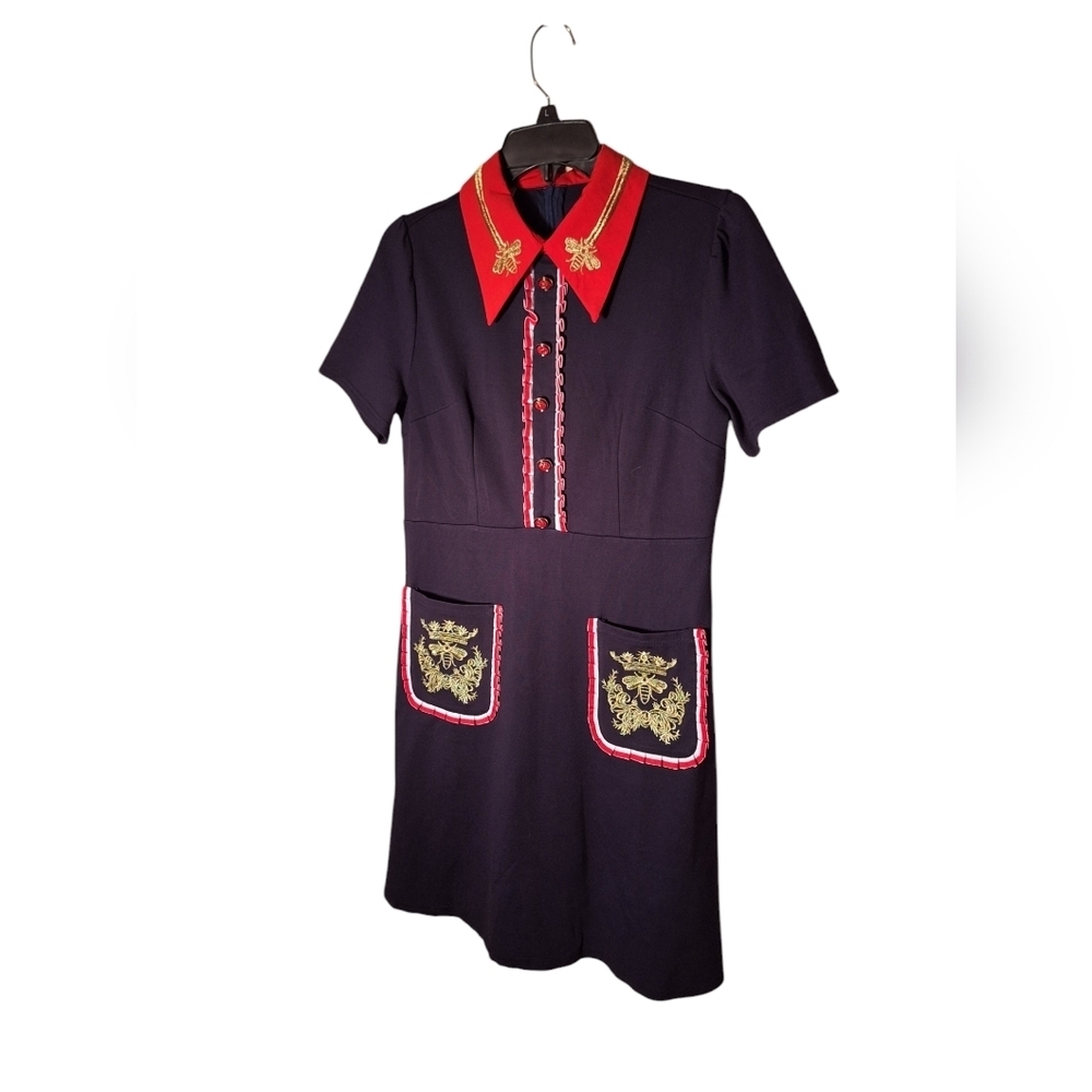 K-POP Style Navy Blue Gold BEE Uniform Embroidered Collared A-Line DRESS BEES